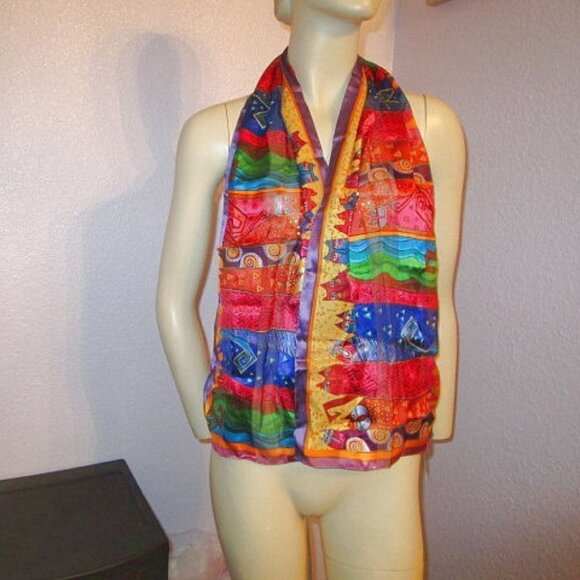 Vtg Laurel Burch Silk Scarf Fantastic Felines Rainbow Cat Kitty Art To Wear NWT - Picture 1 of 11
